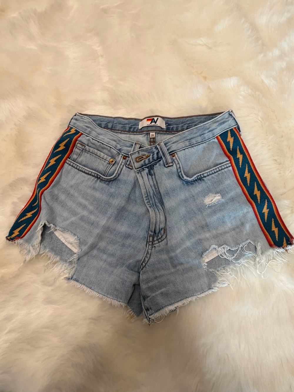 Aviator Nation Light Blue Denim Shorts with Teal and Orange Lightning Trim